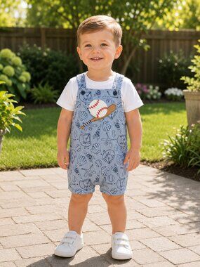 NWT Baby Essentials Toddler Boy 2 Piece Baseball Romper Embroidered